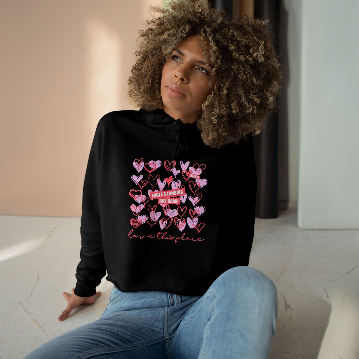 Love This Place Crop Hoodie – Cute Heart Design for Casual Style