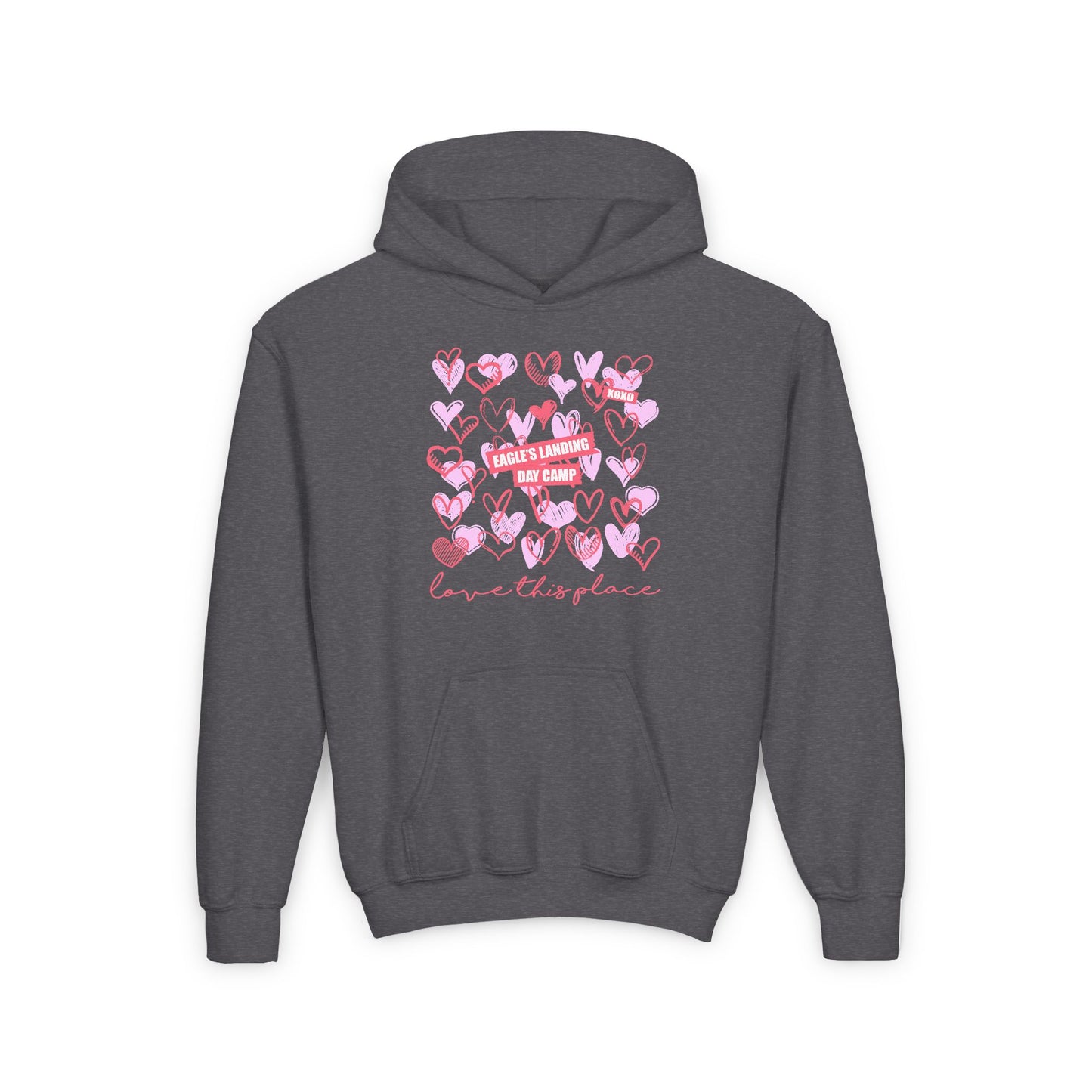 Youth Heavy Blend Hooded Sweatshirt - Love This Place with Heart Design