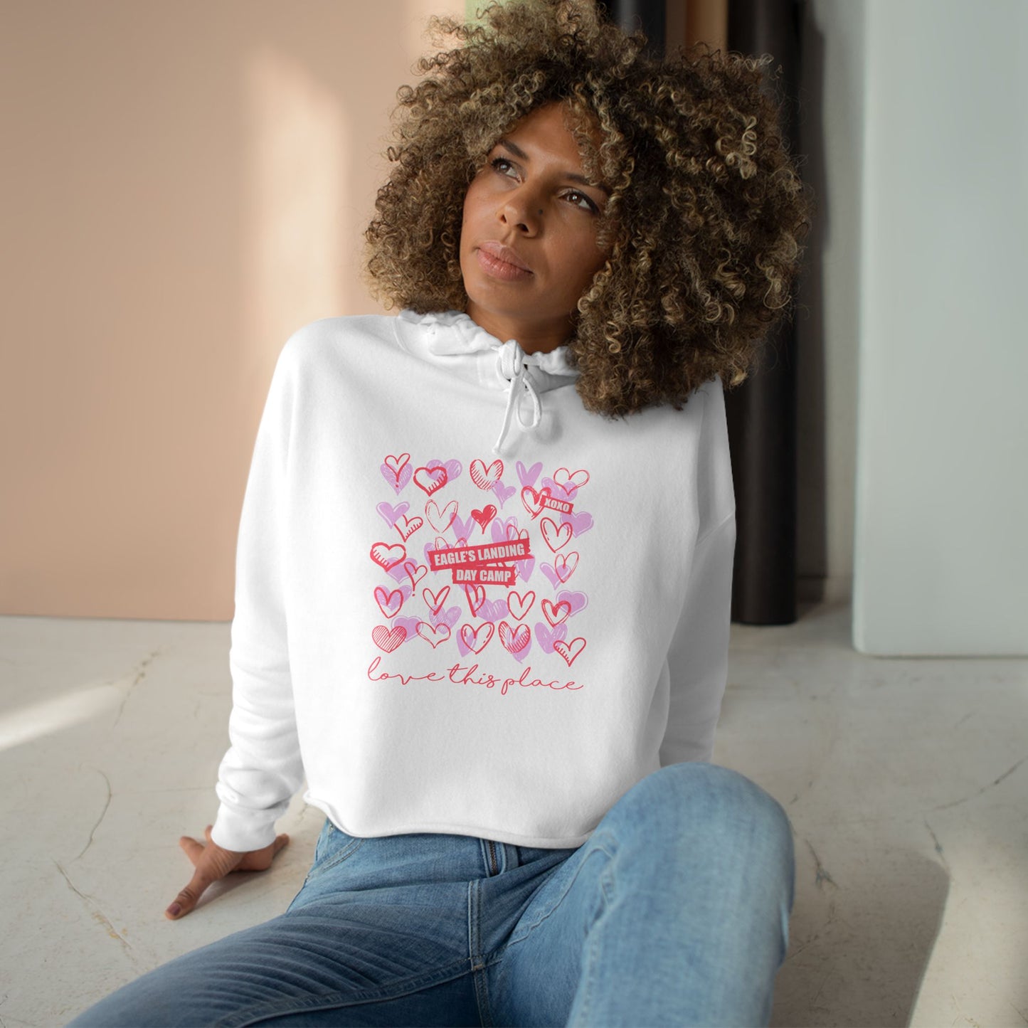 Love This Place Crop Hoodie – Cute Heart Design for Casual Style