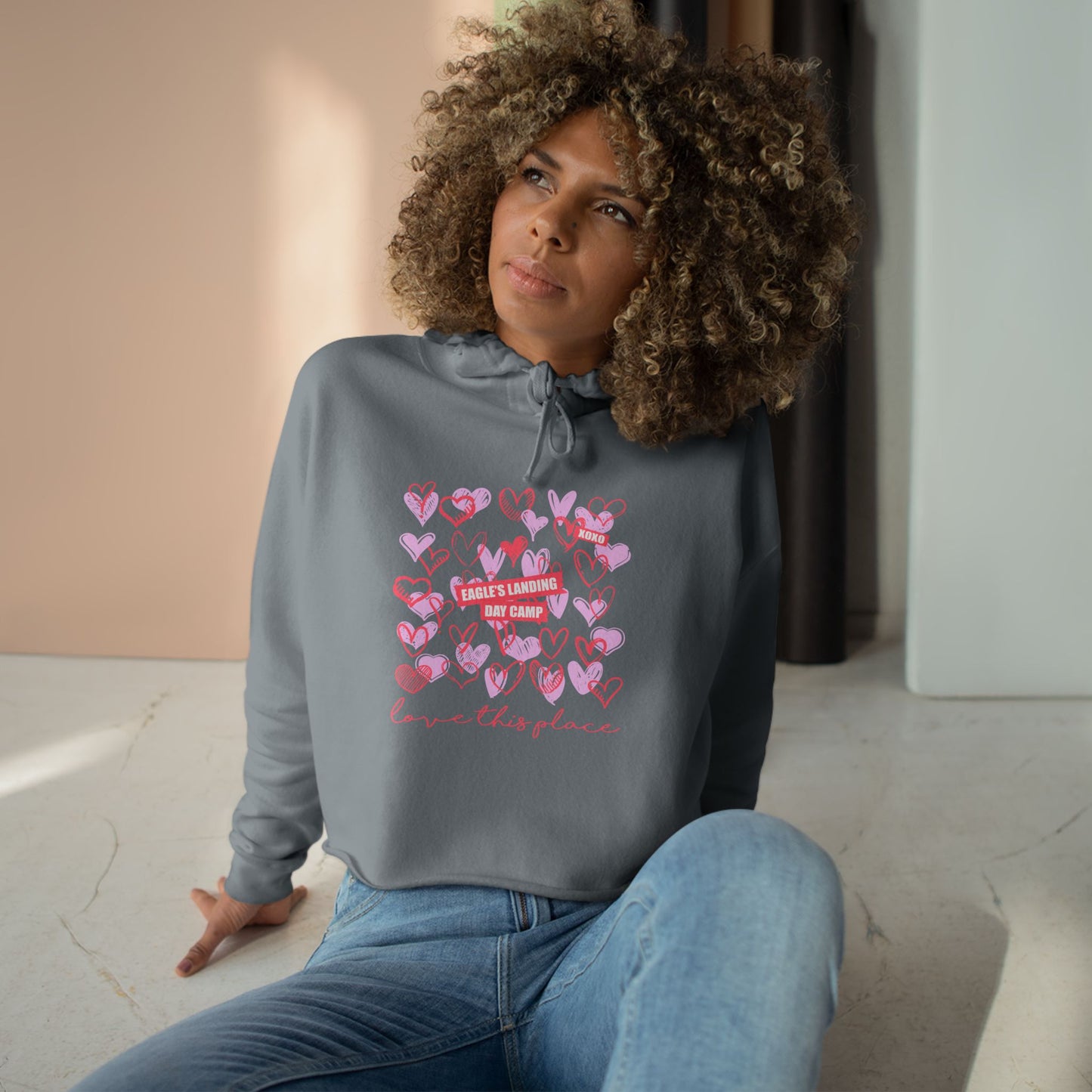 Love This Place Crop Hoodie – Cute Heart Design for Casual Style
